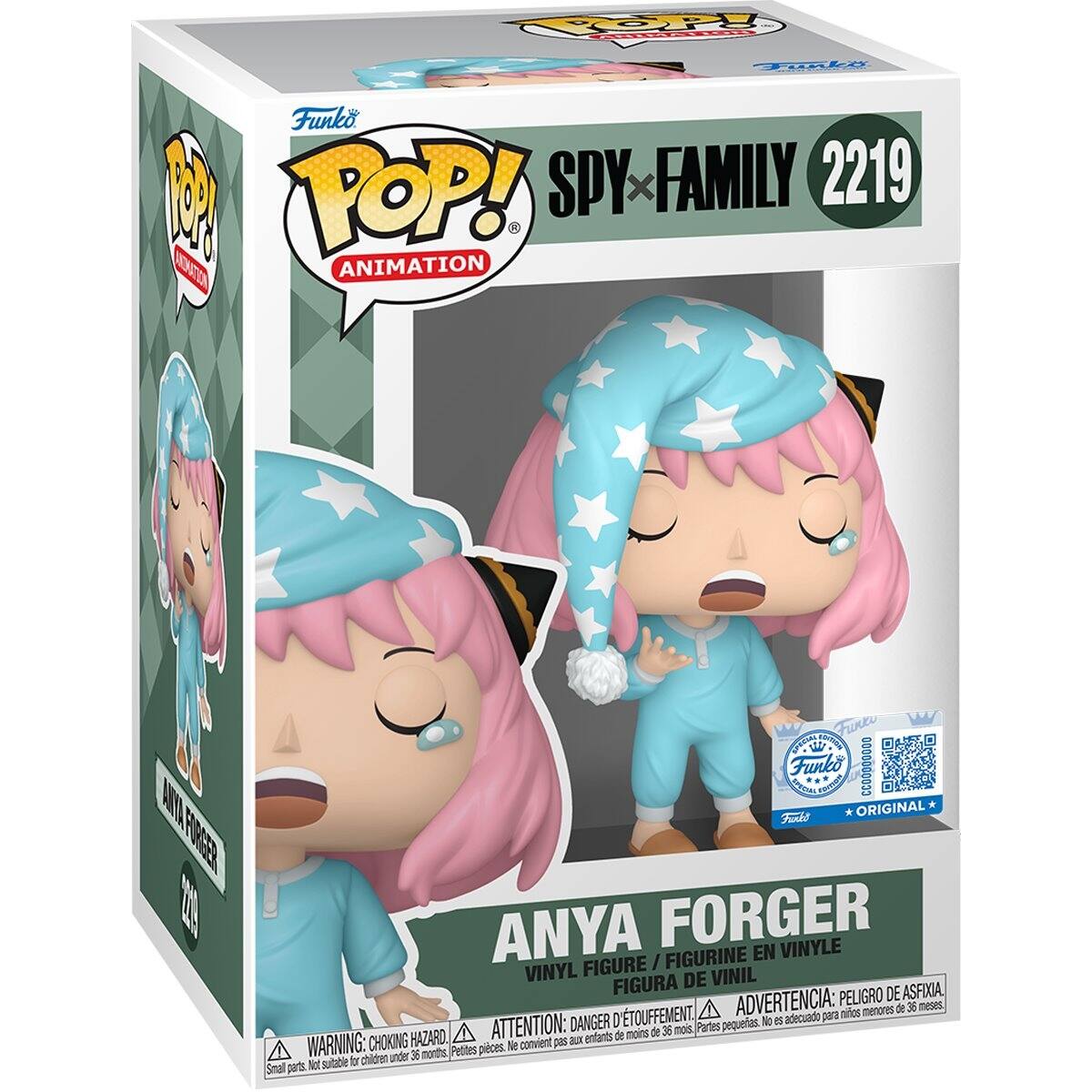 1 POP! SPY FAMILY 2219  
ANIMATION  
VINYL FIGURE / FIGURINE EN VINYLE / FIGURA DE VINIL  

ANYA FORGER  

WARNING: CHOKING HAZARD - Small parts. Not suitable for children under 36 months.  
ADVERTENCIA: PEQUEÑAS PIEZAS. NO ES ADECUADO PARA NIÑOS MENORES DE 36 MESES.  
ATTENTION: PETITES PIÈCES. NE CONVIENT PAS AUX ENFANTS DE MOINS DE 36 MOIS.  

Funko  
ORIGINAL  

Funko  
POP!  
ANIMATION