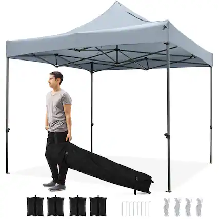 Front. Costway - Costway 10 x 10 FT Outdoor Pop up Canopy Tent with Wheeled Bag, 4 Sandbags, Stake & Ropes - Gray.