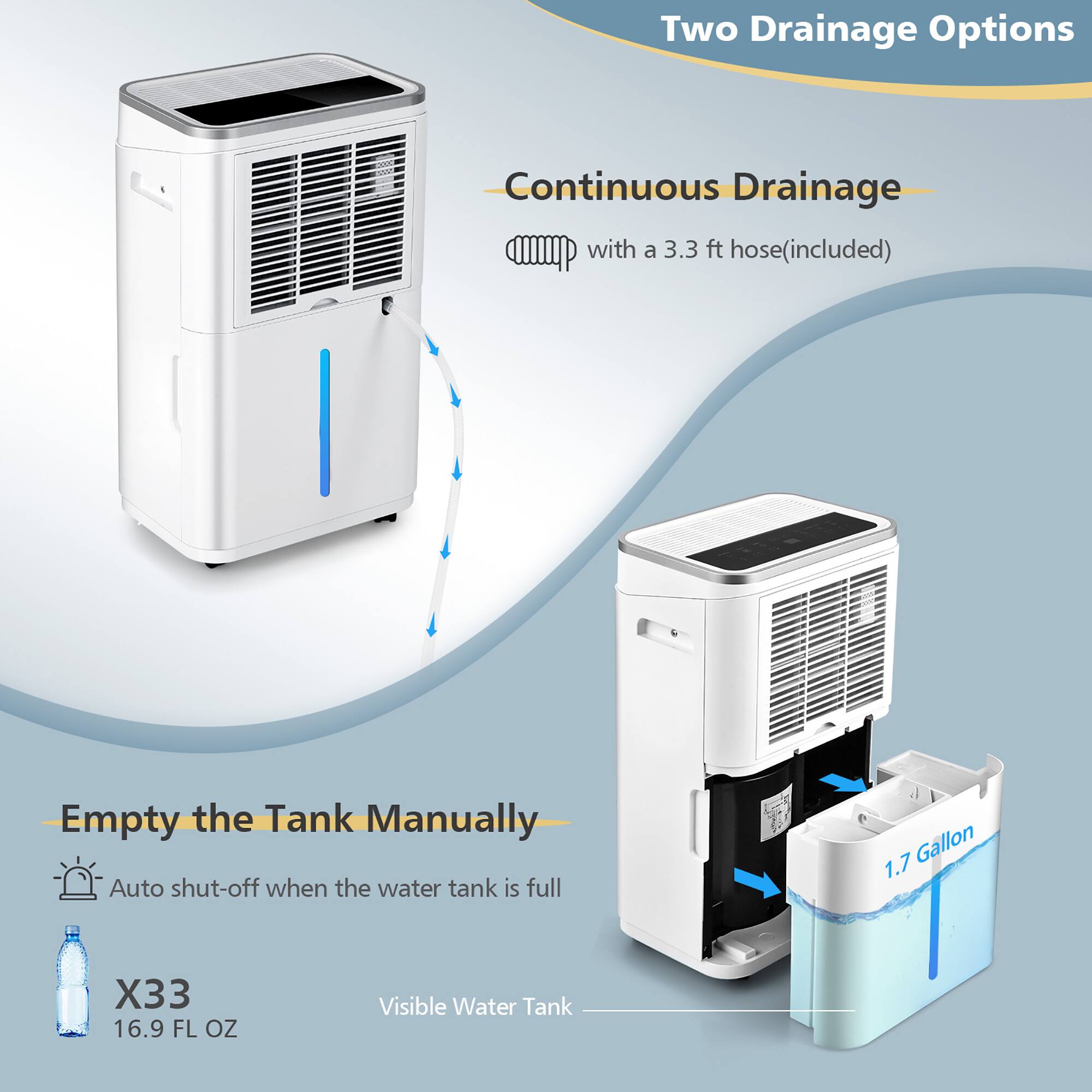 Two Drainage Options: Continuous Drainage with a 3.3 ft hose (included) and Empty the Tank Manually. Auto shut-off when the water tank is full. Gallon: 1.7 X 33. 16.9 FL OZ. Visible Water Tank.