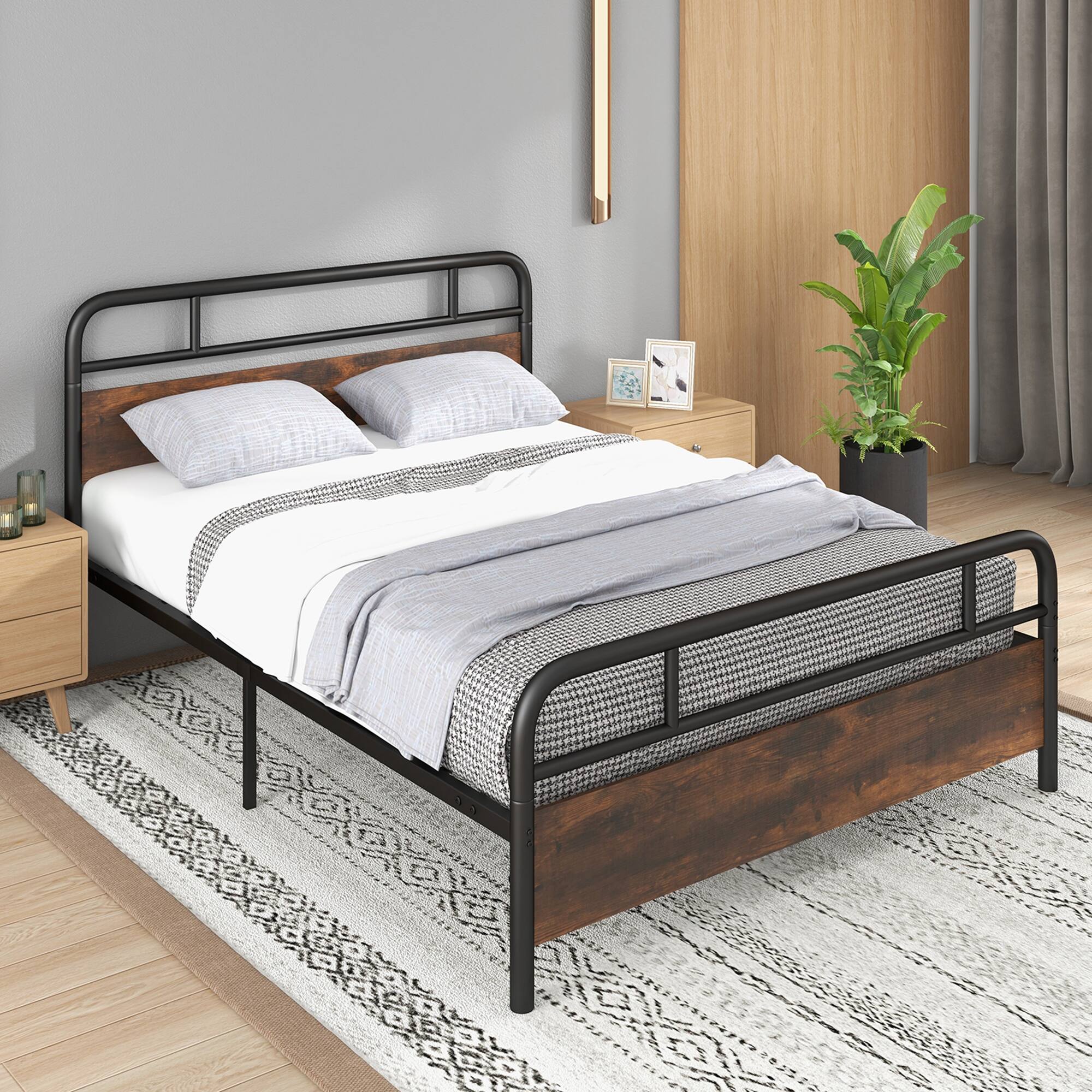 Alt View 1. Costway - Costway Queen Size Metal Platform Bed Frame Industrial Headboard Mattress Foundation - Black,Rustic Brown.