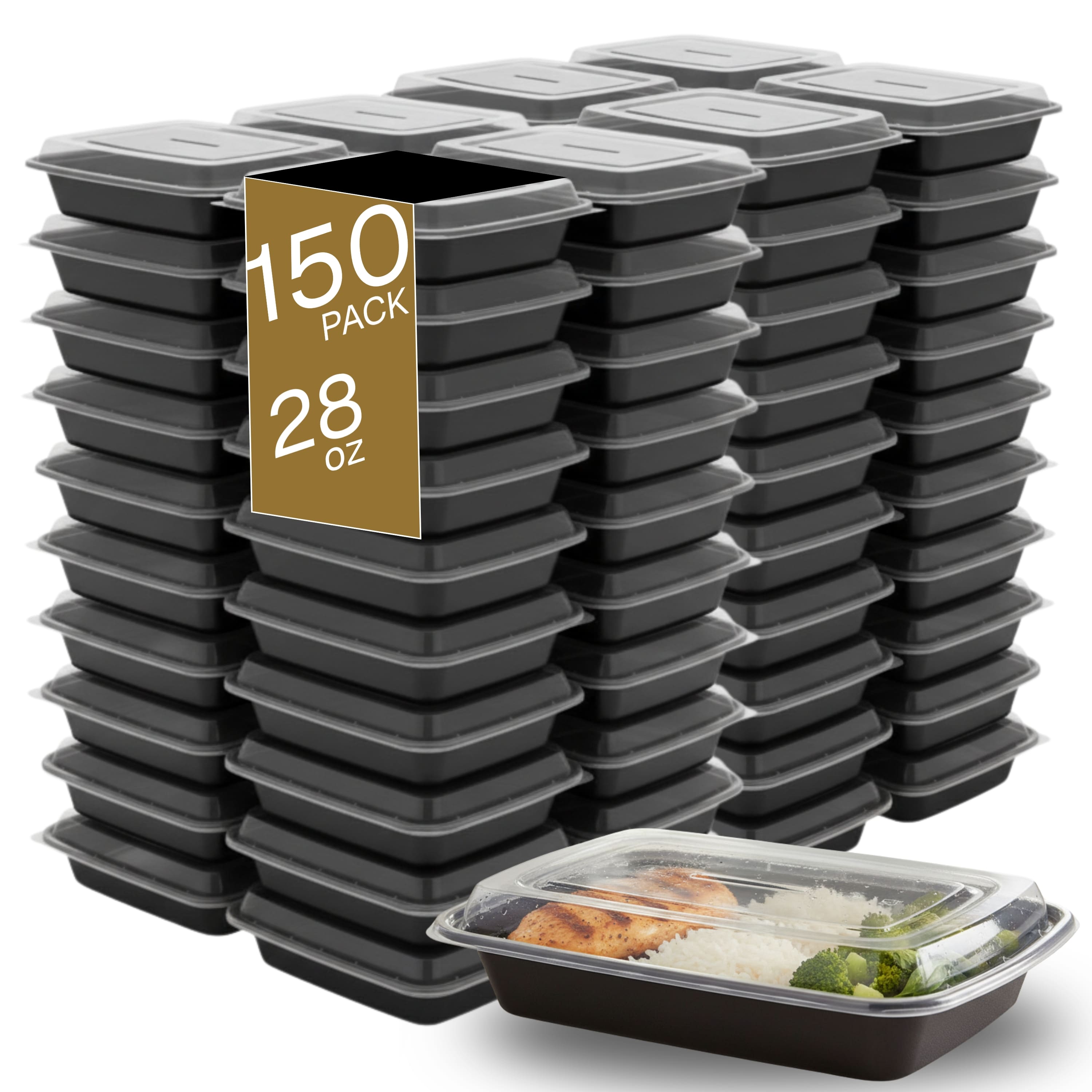 Eco Harmony Products - Microwaveable Container (Shallow) with Lid, 28oz, 150-Pack - Black