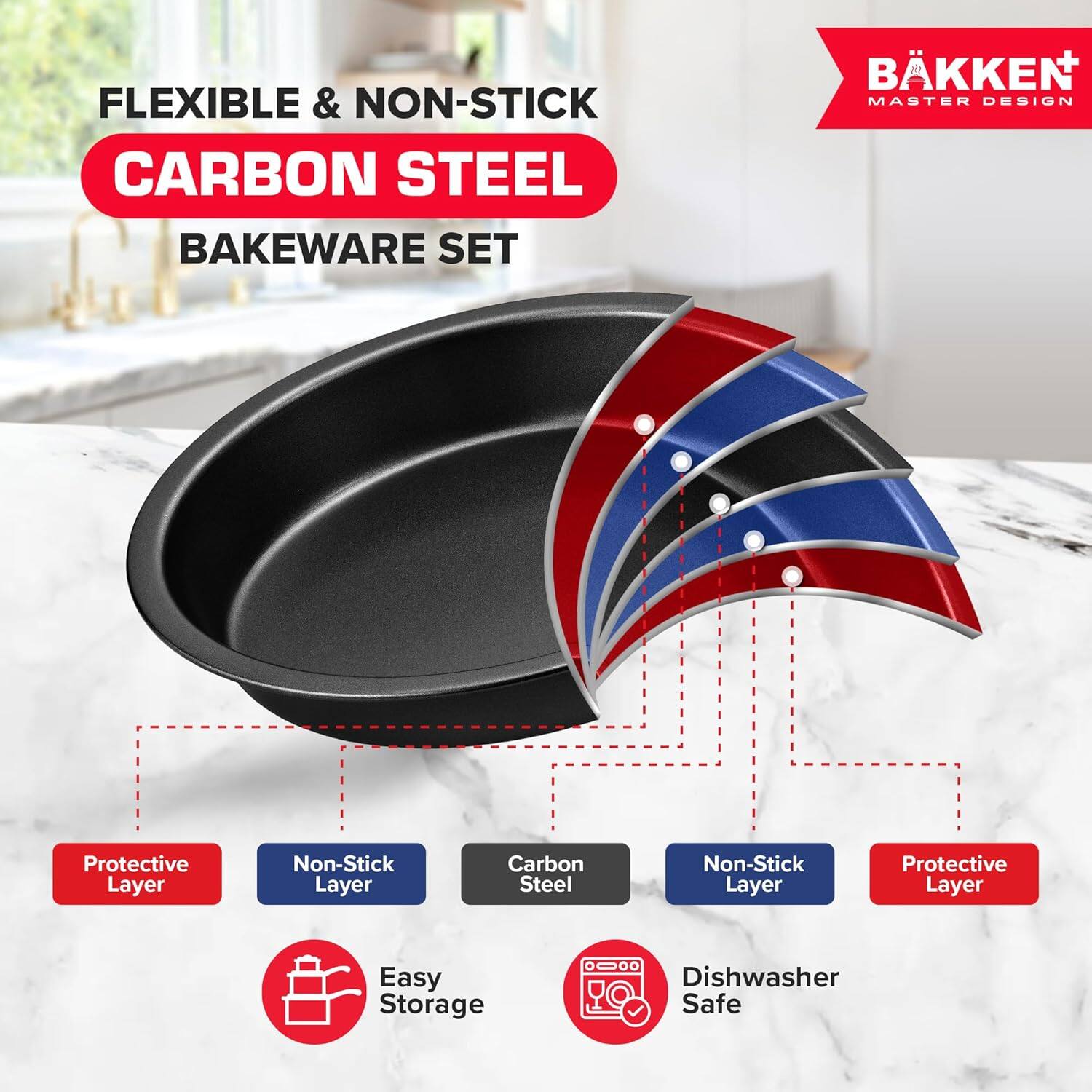 FLEXIBLE & NON-STICK CARBON STEEL BAKEWARE SET BKKEN  MASTER DESIGN
Protective Layer
Non-Stick Layer
Carbon Steel
Non-Stick Layer
Protective Layer
Easy Storage
Dishwasher Safe