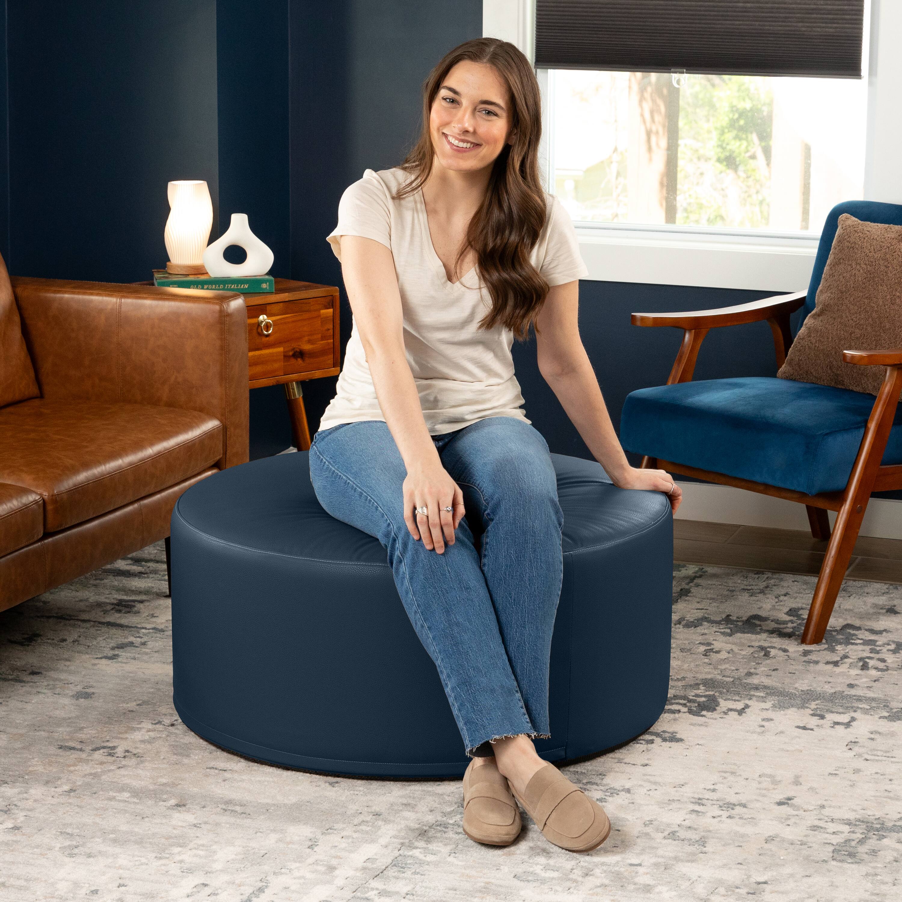 Left. Jaxx - Jaxx Candler Round Couch Oversized Giant Coffee Table Ottoman, Kid Safe with Removable Cover, Oxford Blue - Faux Leather Oxford Blue.