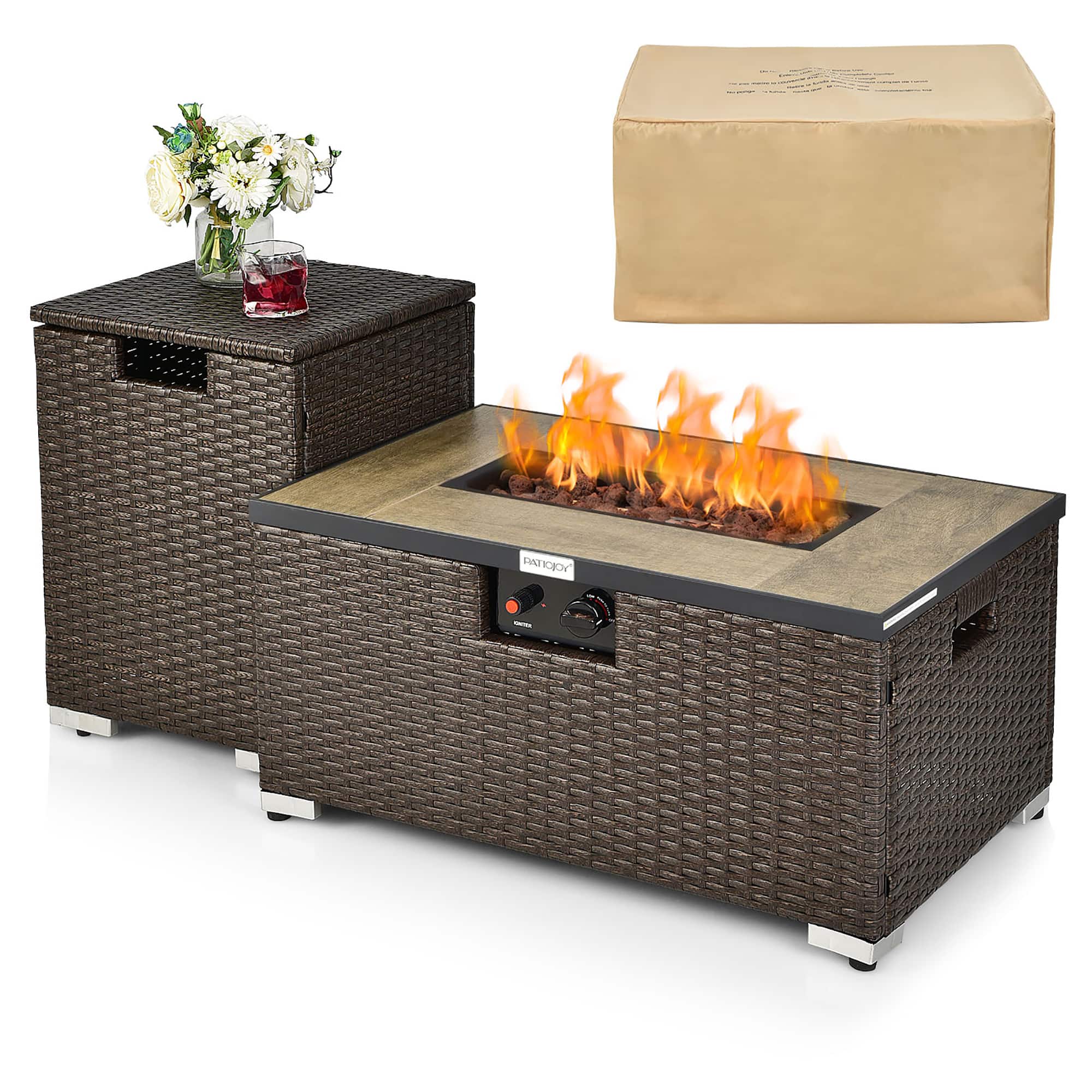 Front. Costway - Costway 32"x 20" Propane Rattan Fire Pit Table Set w/ Side Table Tank & Cover 40,000 BTU - Brown.