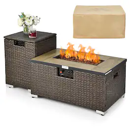 Costway - 32"x 20" Propane Rattan Fire Pit Table Set w/ Side Table Tank & Cover 40,000 BTU - Brown