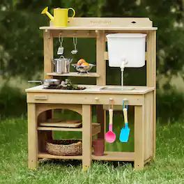 Tiny Land - Mud Kitchen for Kids, Outdoor Wooden Play Kitchen with 4.5L Water Tank and Working Faucet