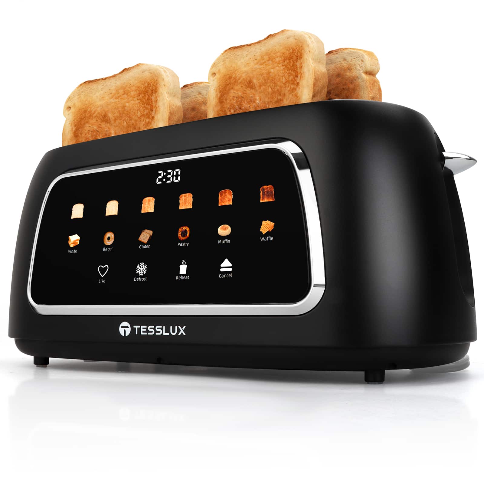 tesslux - 4 Slice Toaster with Touch Screen Control, 1.5" Wide Long Slots, 6 Browning Levels & 6 Bread Types, Digital Time - Black