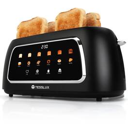 tesslux - 4 Slice Toaster with Touch Screen Control, 1.5" Wide Long Slots, 6 Browning Levels & 6 Bread Types, Digital Time - Black
