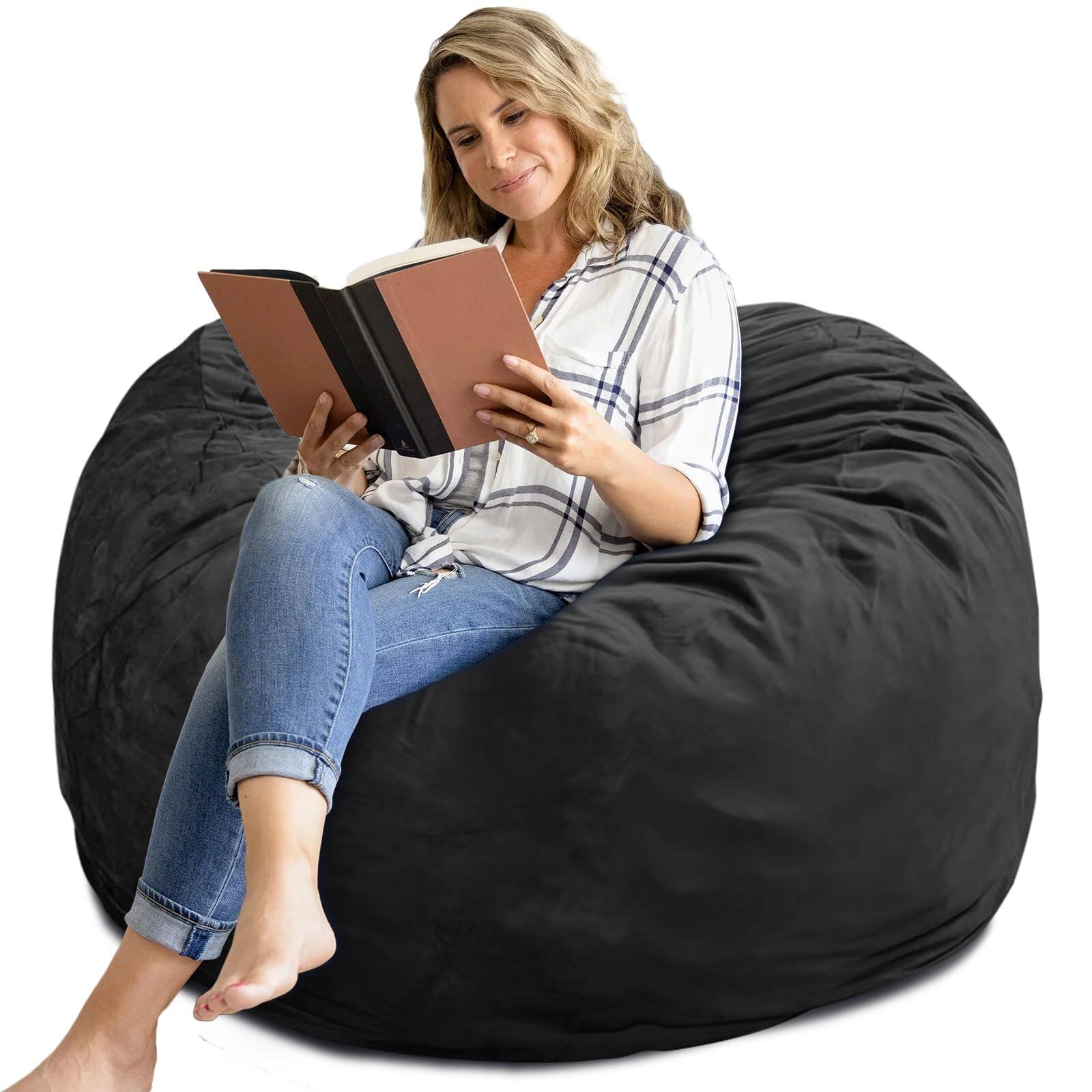 Front. JETRANSPORT - Bean Bag Chair 3ft Memory Foam Filled Removable Cover Chairs For Adults And Teens Round Sofa Living Room - Black 4 feet.
