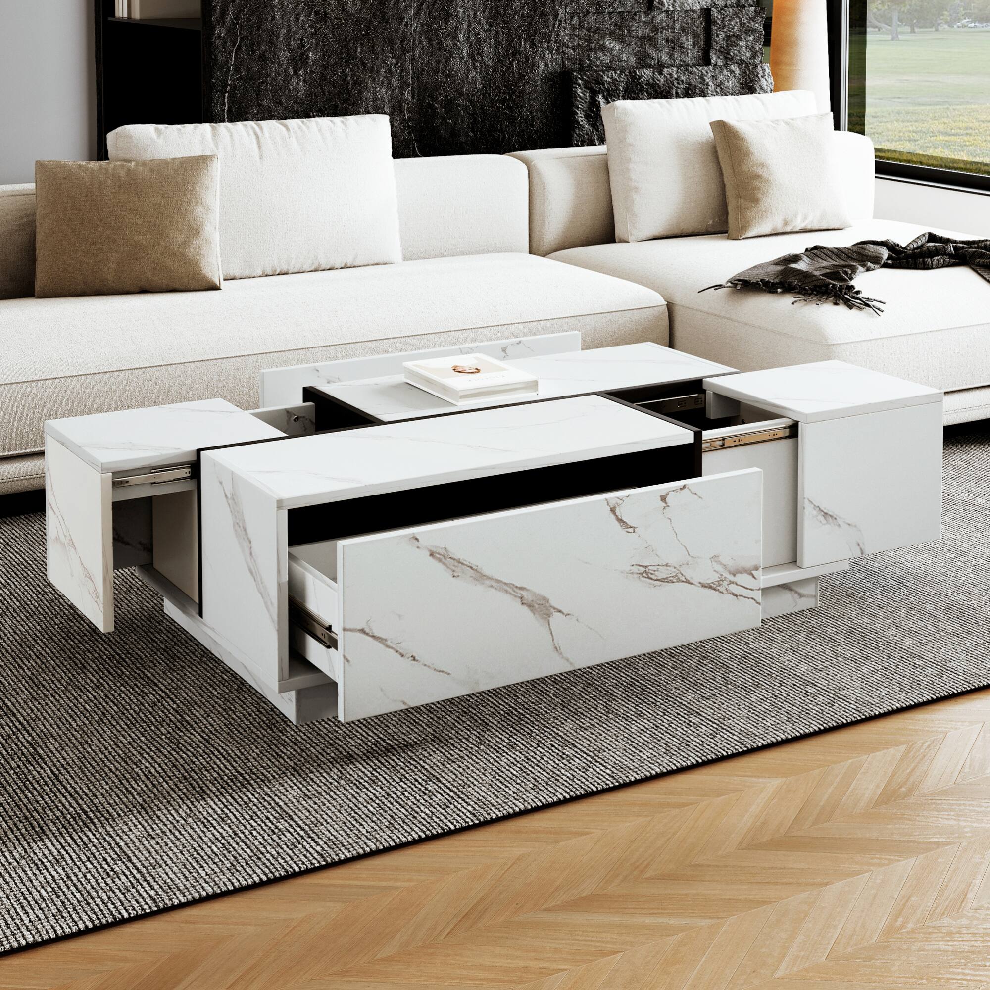 Left. GOODSILO - Modern Rectangular Sliding Top Coffee Table with Hidden Storage and Drawers for Living Room - White.