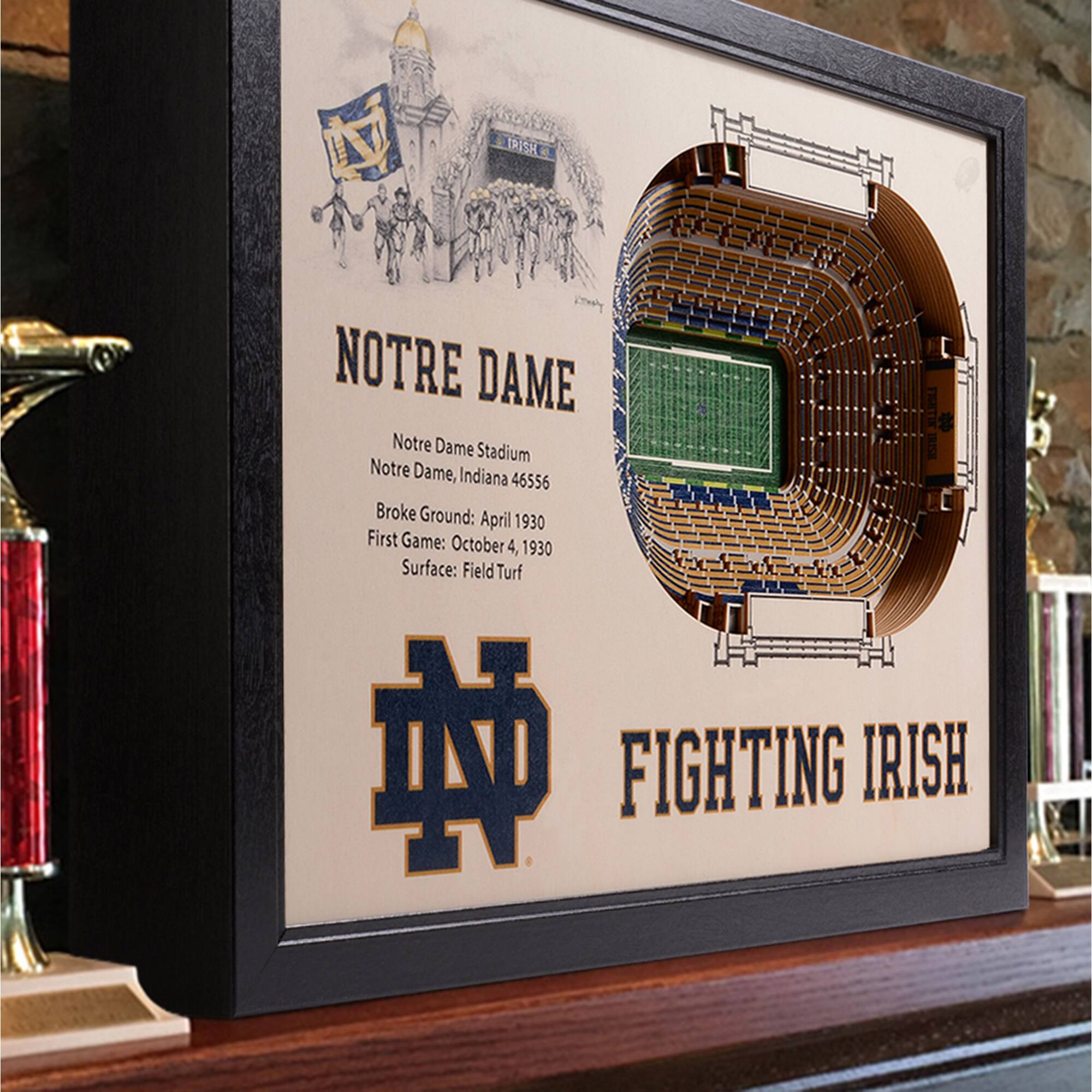 NOTRE DAME  
Notre Dame Stadium  
Notre Dame, Indiana 46556  

Broke Ground: April 1930  
First Game: October 4, 1930  
Surface: FieldTurf  

FIGHTING IRISH