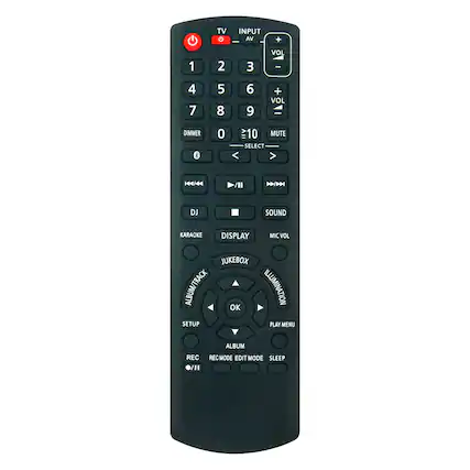 TV INPUT AV
1 2 3
4 5 6
7 8 9
VOL + VOL -
0 10 MUTE
VOL DIMMER
SELECT
PLAY PAUSE
DJ KARAOKE DISPLAY
JUKEBOX ALBUM/TRACK
MIC VOL
SOUND
ILLUMINATION
REC REC MODE EDIT MODE SLEEP
SETUP ALBUM
OK PLAY MENU