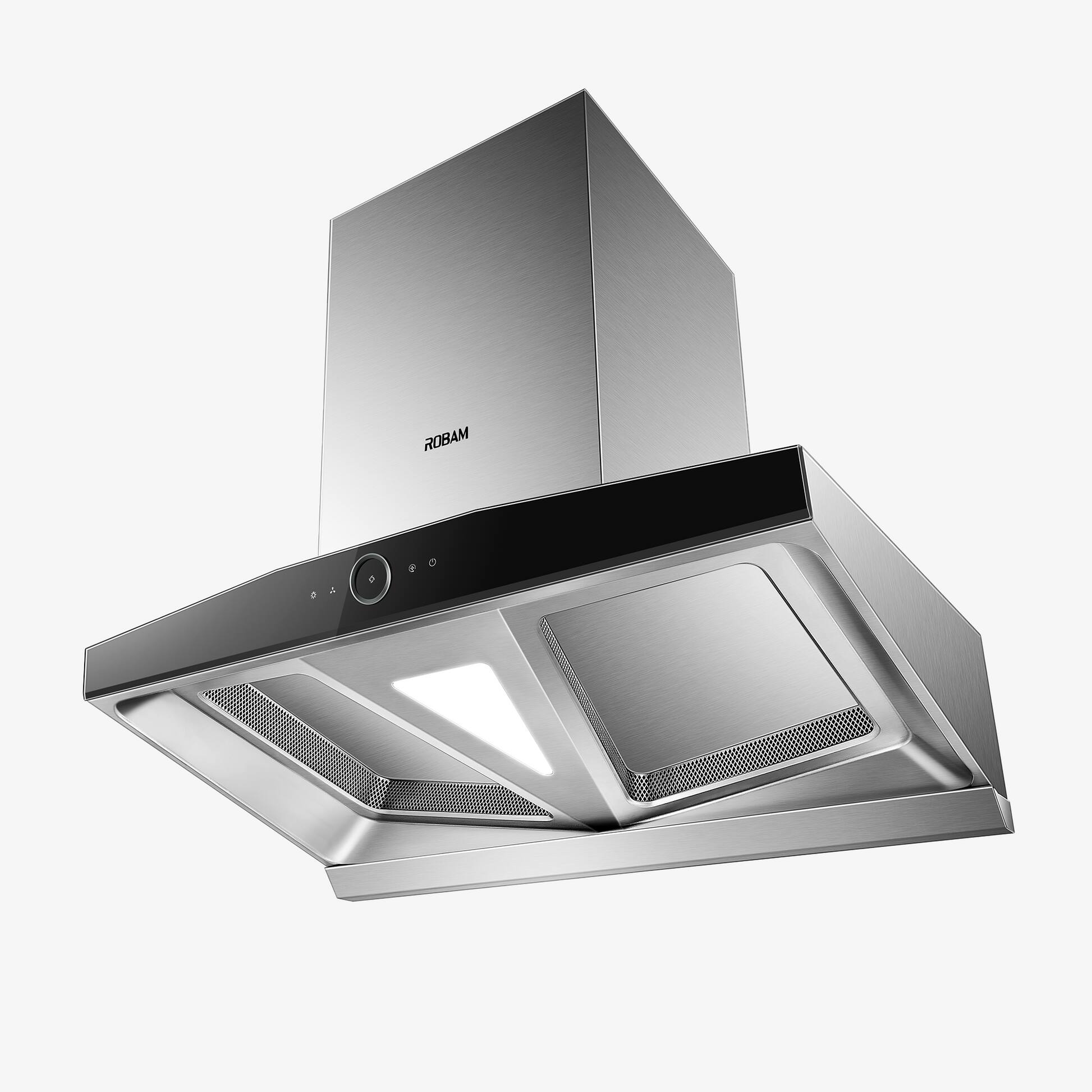 Angle. Robam - 36" Wall Mount Range Hood - 1500CFM, BLDC Motor, Auto-adjust suction, Wash-Free Filter, Wave Control - Black.