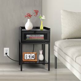 Oumilen - Nightstand with Charging Station, Industrial End Table with Mesh Door and Power Outlets - Black