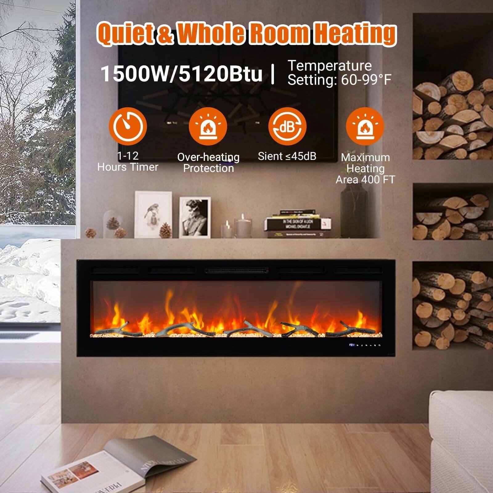 Quiet & Whole Room Heating  
1500W/5120Btu  
Temperature Setting: 60-99°F  
1-12 Hours Timer  
Over-heating Protection  
Sient ≤ 45dB  
Maximum Heating Area 400 FT