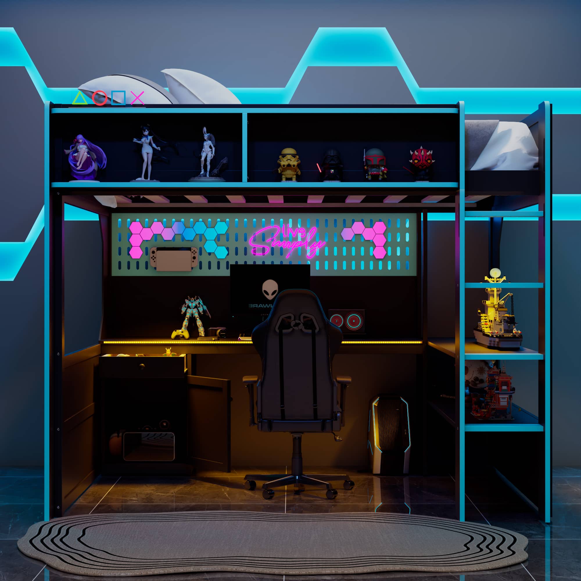 Anysun - Full Gaming Loft Bed with Integrated Desk & Lights - Wooden Frame, Built-in Charging Station - Blue