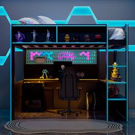 Anysun - Full Gaming Loft Bed with Integrated Desk & Lights - Wooden Frame, Built-in Charging Station - Blue