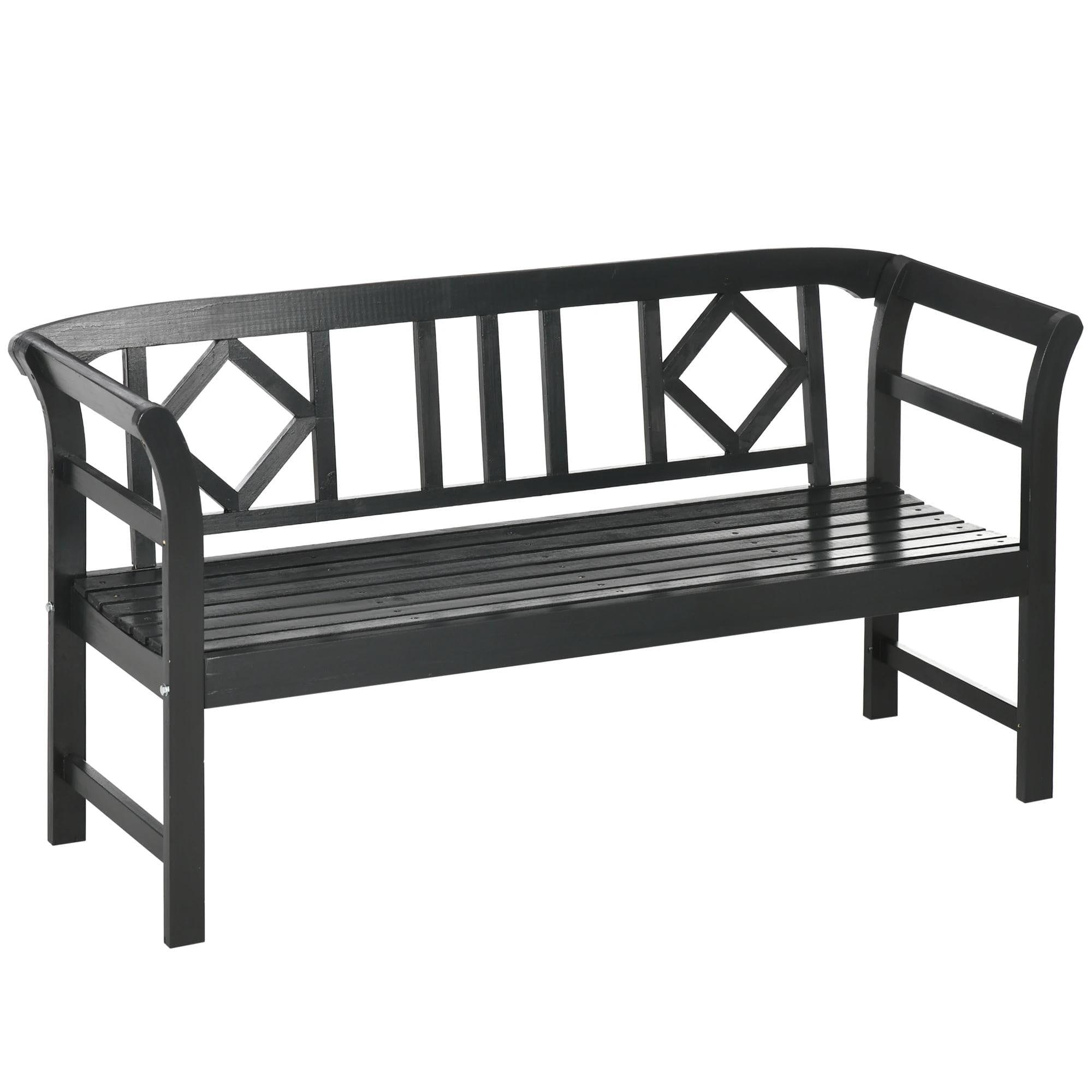 Resenkos - Wooden Bench, Rustic Diamond Pattern, 3-Seater Outdoor Porch Bench, Comfortable Back & Armrests - Black
