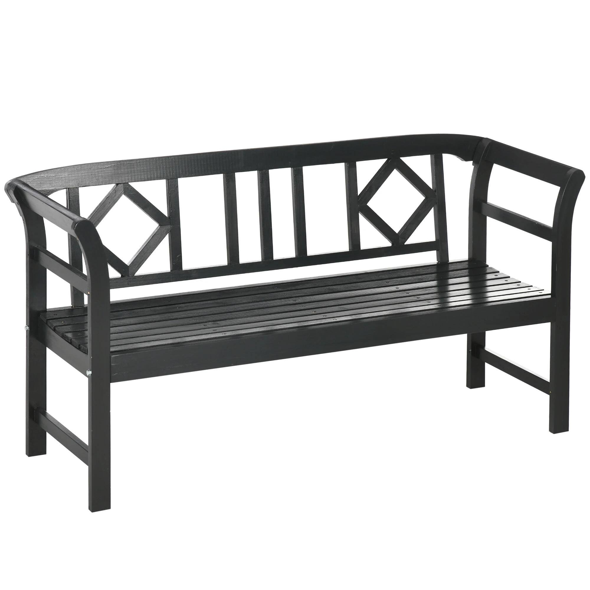 Front. Resenkos - Resenkos Wooden Bench, Rustic Diamond Pattern, 3-Seater Outdoor Porch Bench, Comfortable Back & Armrests, Black - Black.