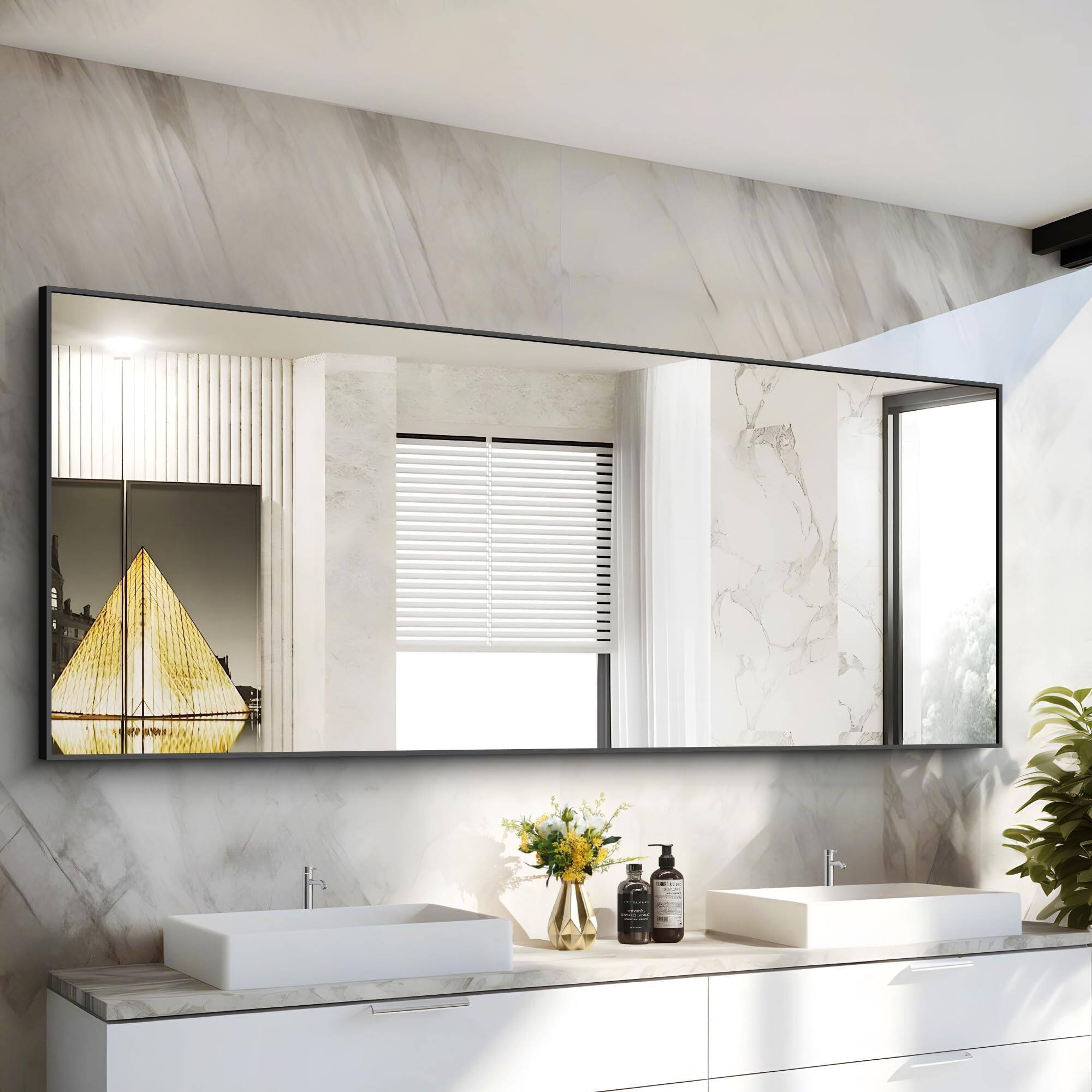 Left. Cedar Assembly - Bathroom Mirror Rectangle With Thin Frame Rectangular Wall For Living Roomm Hair Salon Big Farmehouse Han... - Silver-55"L x 36"W.