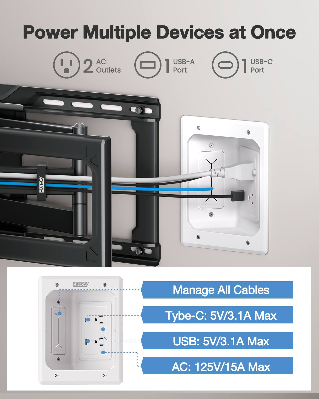 Power Multiple Devices at Once

AC 2 Outlets
USB-A 1 Port
USB-C 1 Port

Manage All Cables
Tybe-C: 5V/3.1A Max
USB: 5V/3.1A Max
AC: 125V/15A Max
