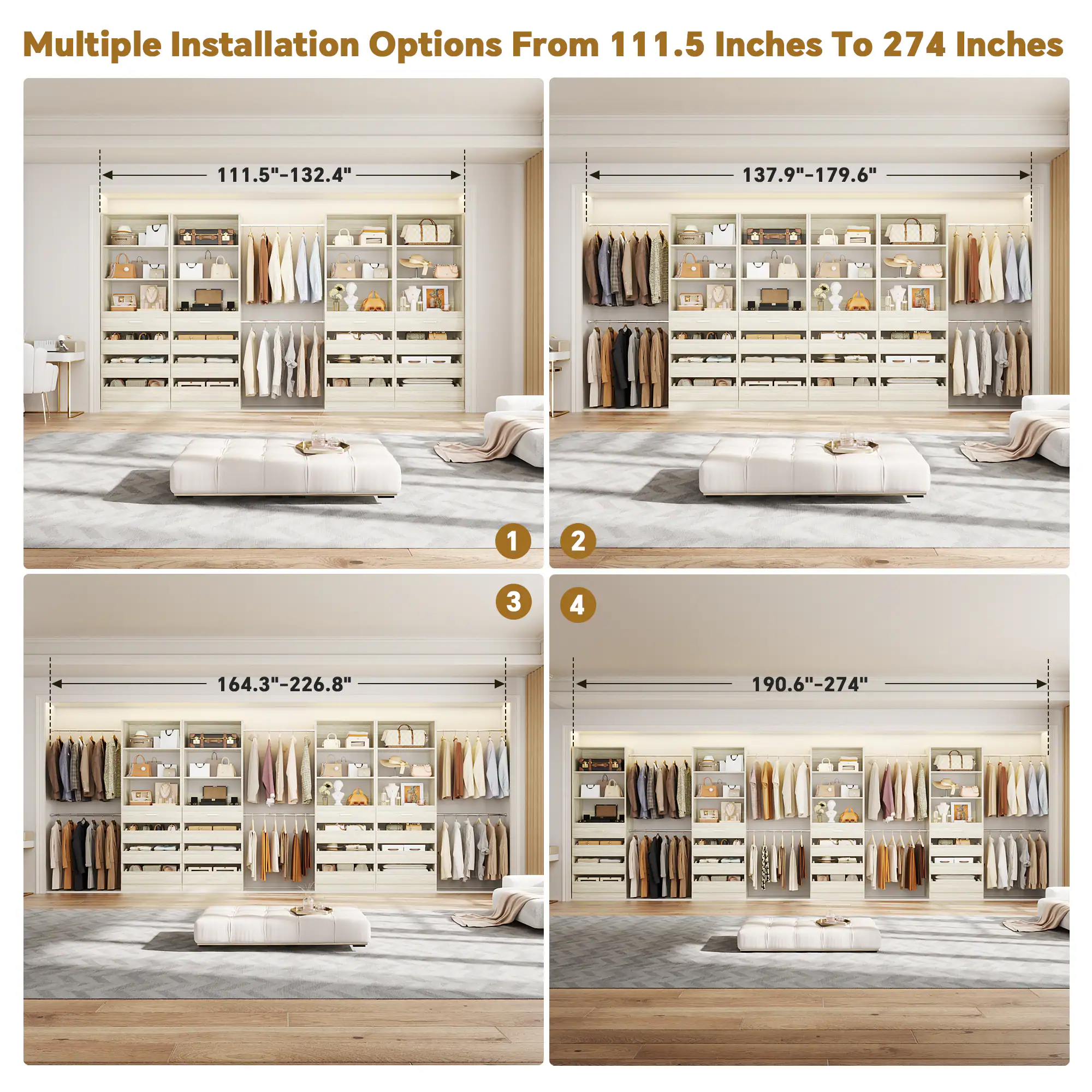 Multiple Installation Options From 111.5 Inches To 274 Inches

1. 111.5"-132.4"
2. 137.9"-179.6"
3. 164.3"-226.8"
4. 190.6"-274"