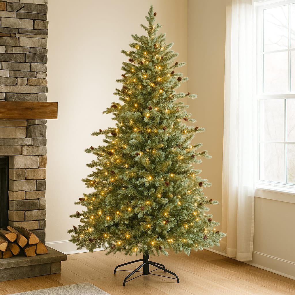 Front. BreeBe - Prelit Slim Blue Tree with 9 Lighting Effects – Artificial Christmas Tree - Blue.