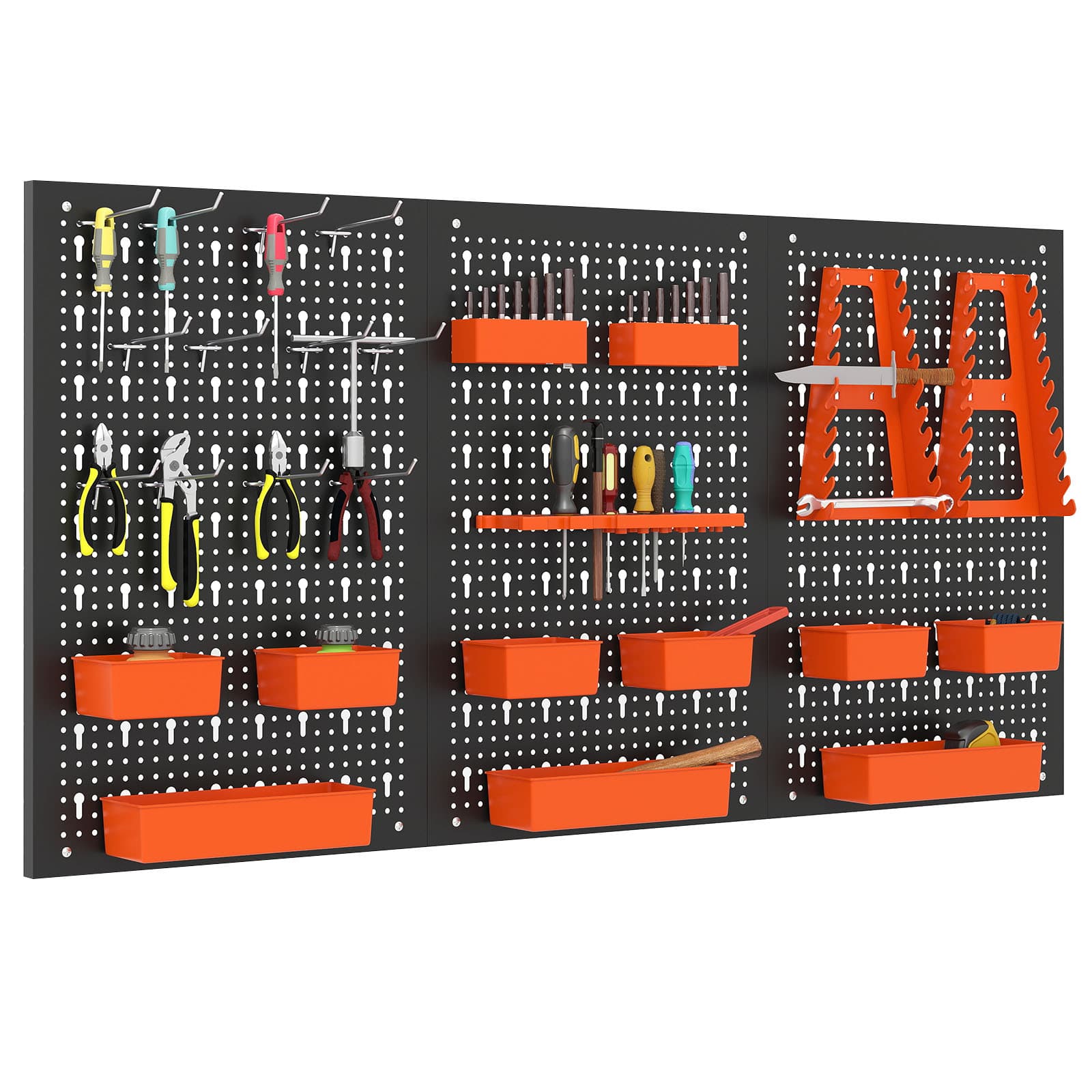 Gymax - Pegboard Wall Organizer 9-Bin Parts Rack Organizer w/ Hammer Racks Tool Holders - Orange