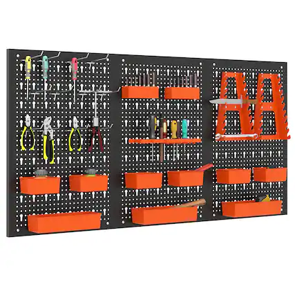 Front. Gymax - Gymax Pegboard Wall Organizer 9-Bin Parts Rack Organizer w/ Hammer Racks Tool Holders - Orange.