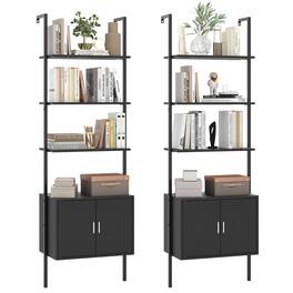 Gymax - 2PCS 72.5'' Tall Bookshelf 5 Tier Wall Mount Ladder Bookcase w/ Cabinet - Black