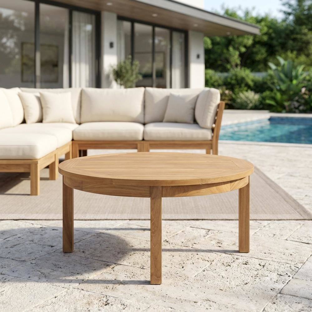 Left. Outdoor Escape - Teak Outdoor Coffee Table With Round Top And Rustic Finish - Brown.