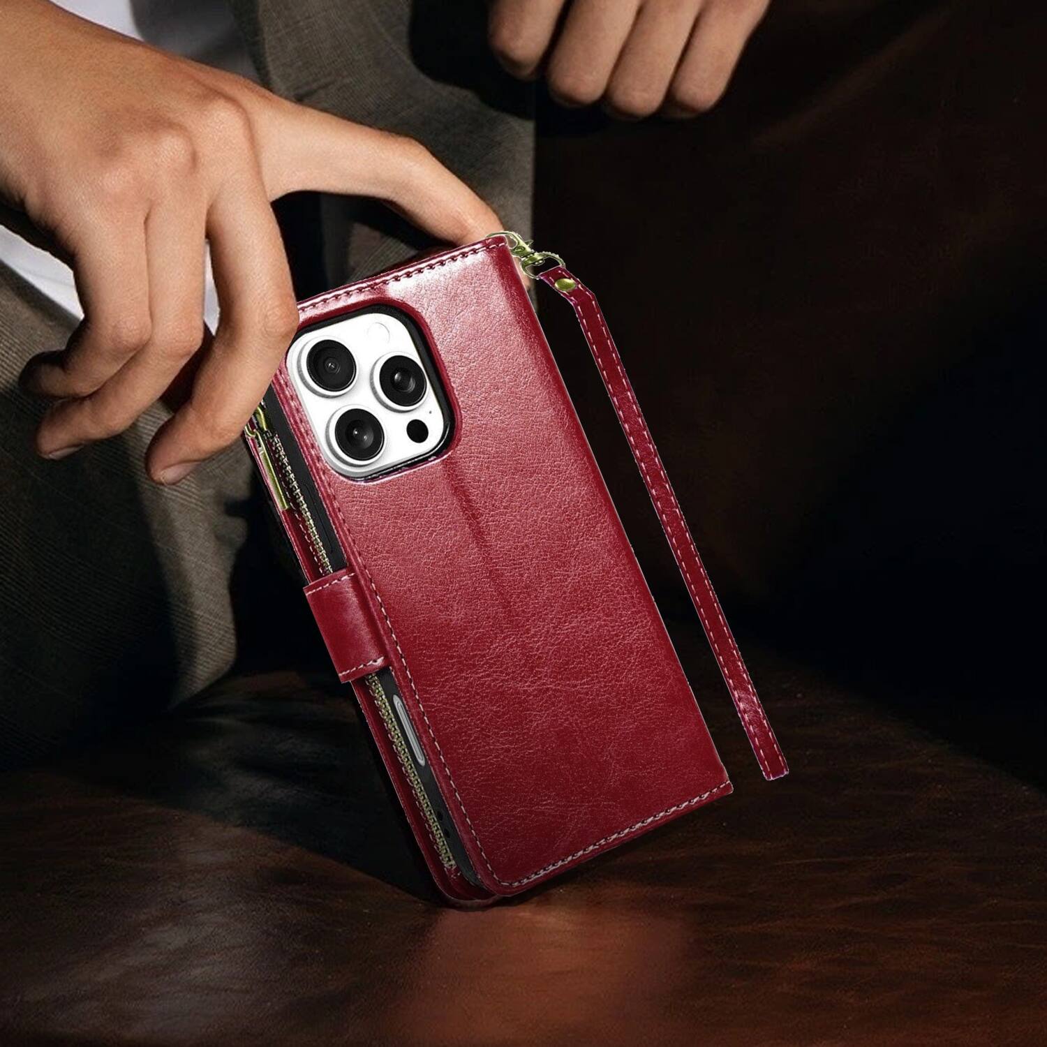 Alt View 6. Equipd - Phone Case for iPhone 16 Pro Max (6.9"), Luxury Wallet Card ID Zipper Money Holder Cover - Red.