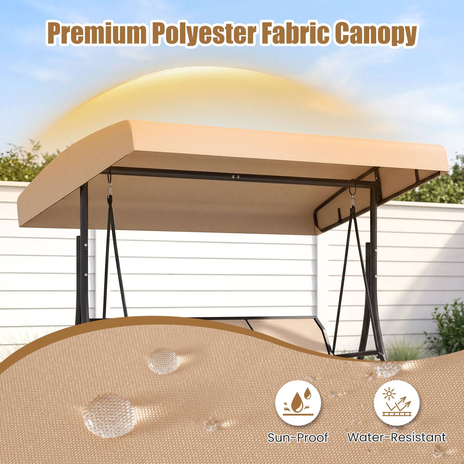 Premium Polyester Fabric Canopy  
Sun-Proof  
Water-Resistant