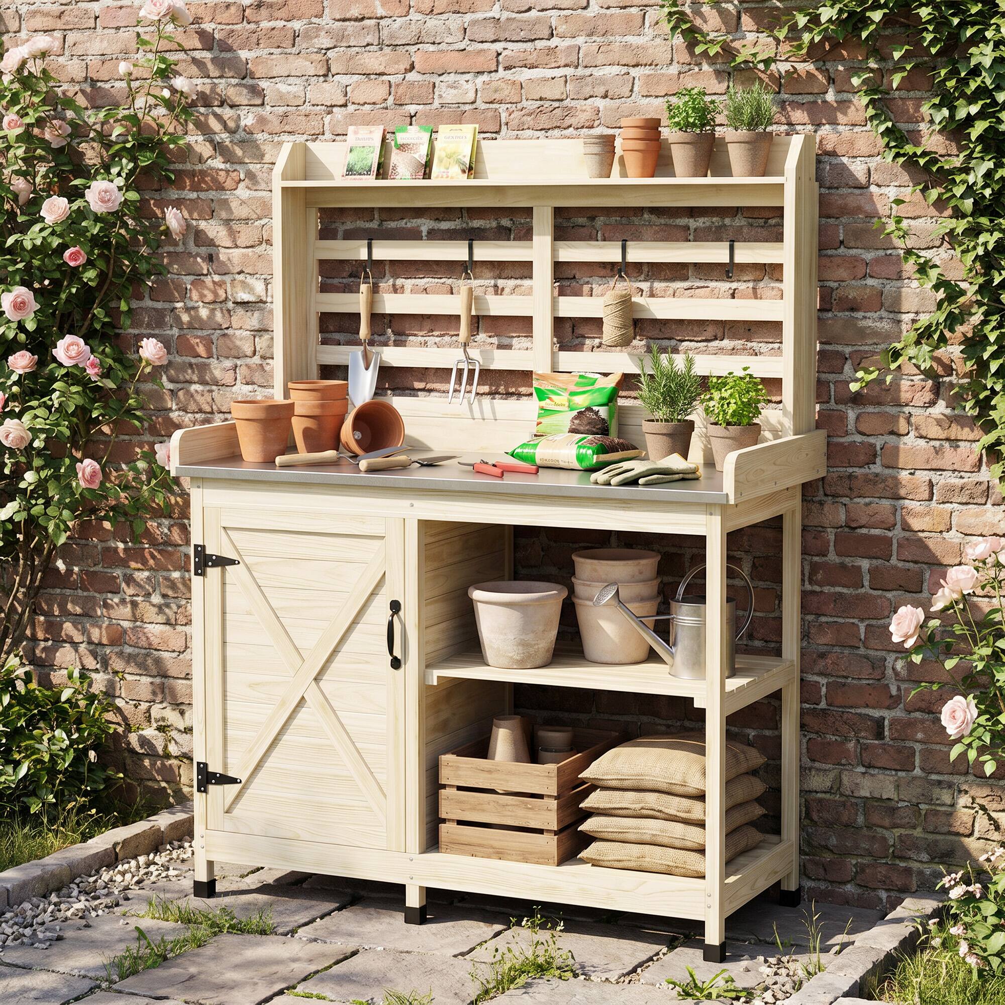 Alt View 7. Outsunny - Potting Bench with Storage, Aluminum Tabletop for Backyard, Patio - Natural Wood.