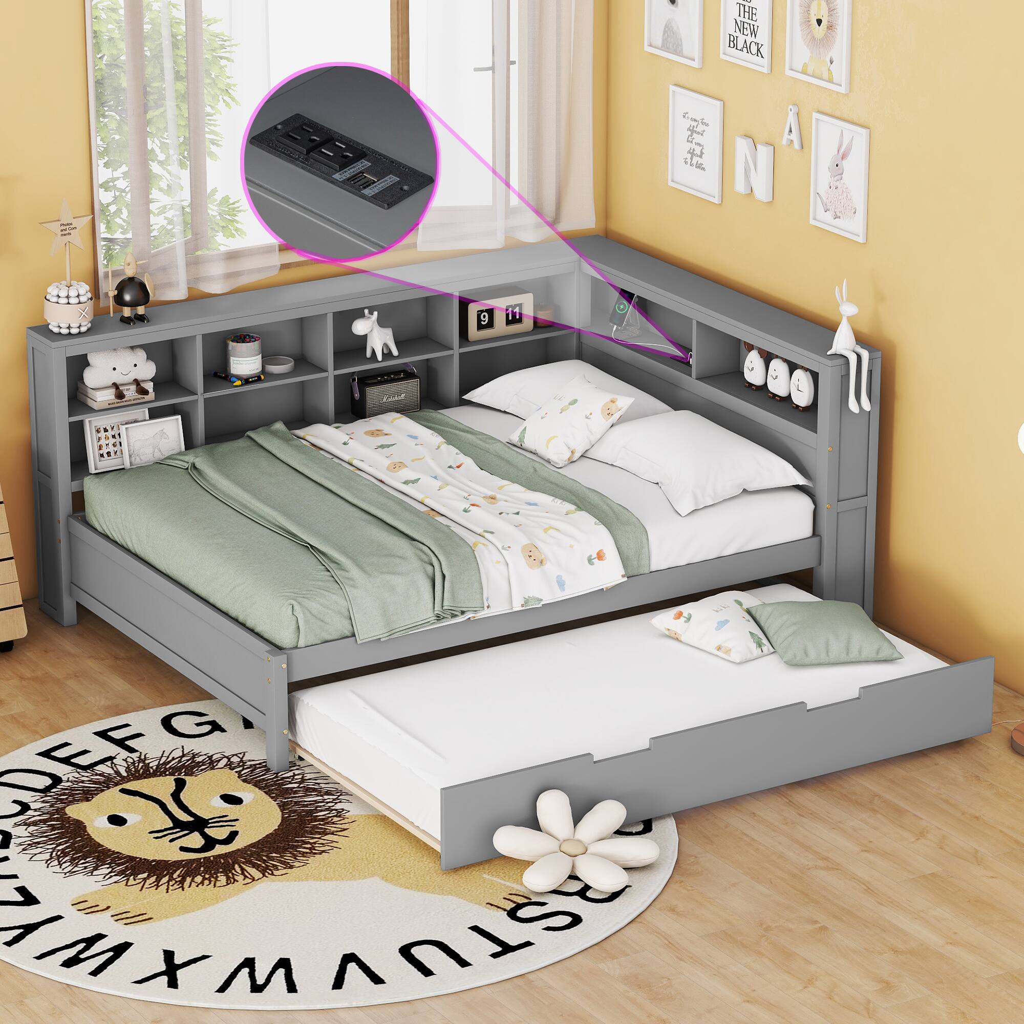 Tiramisubest - Wooden Full Size DayBed with Twin Size Trundle, DayBed with Storage Shelf and USB Charging Ports,Grey - Gray