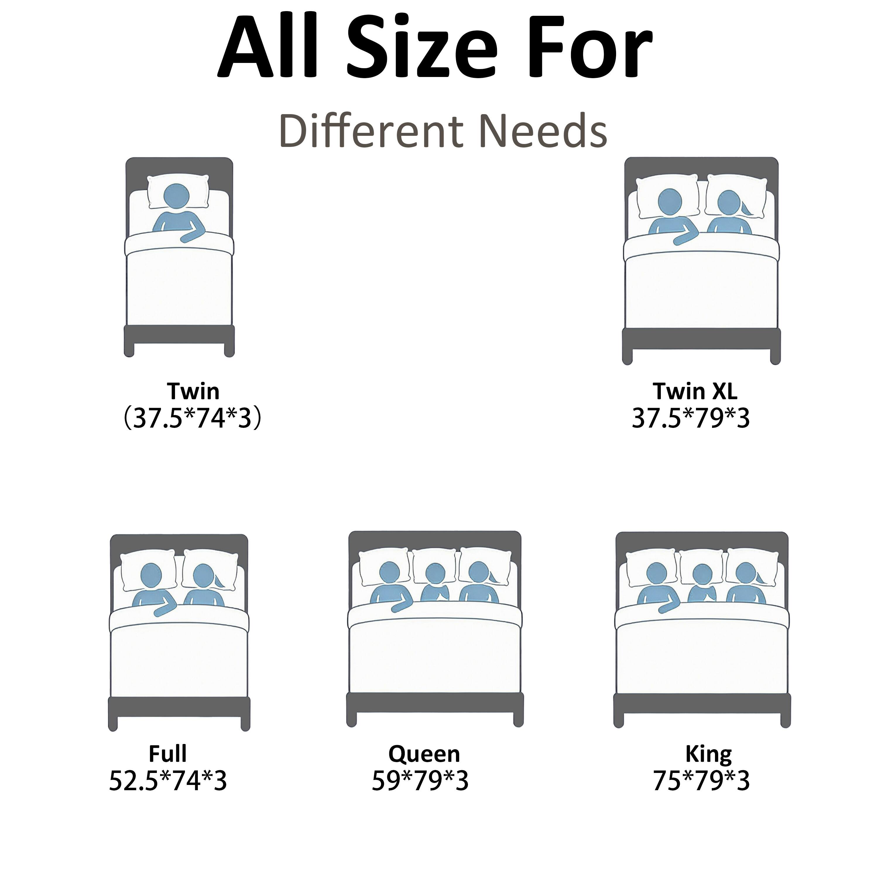 All Size For Different Needs

Twin (37.5*74*3)

Twin XL 37.5*79*3

Full 52.5*74*3

Queen 59*79*3

King 75*79*3