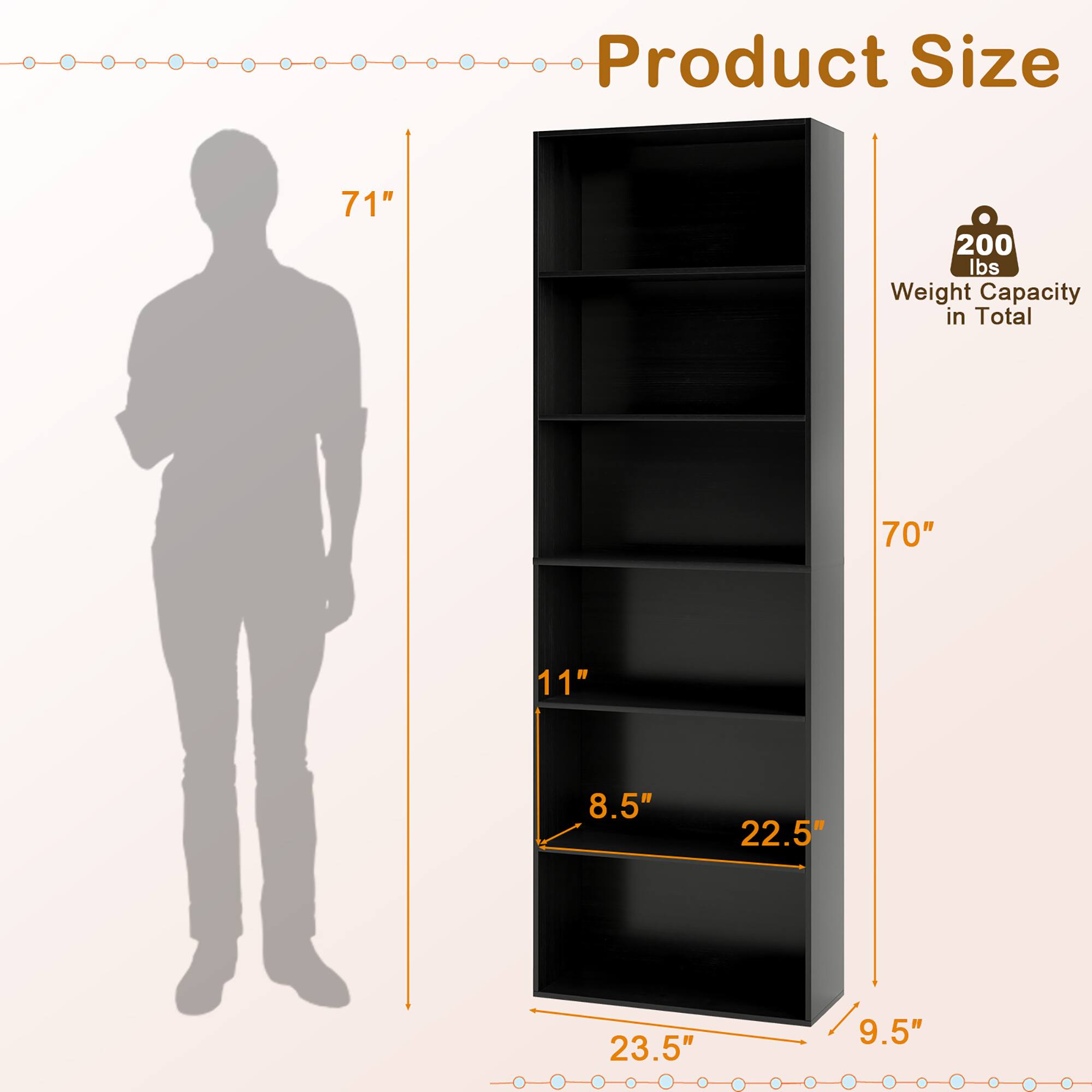 Product Size  
71"  
Weight Capacity in Total 200 lbs  
70" x 11" x 8.5" x 22.5" x 23.5" x 9.5"