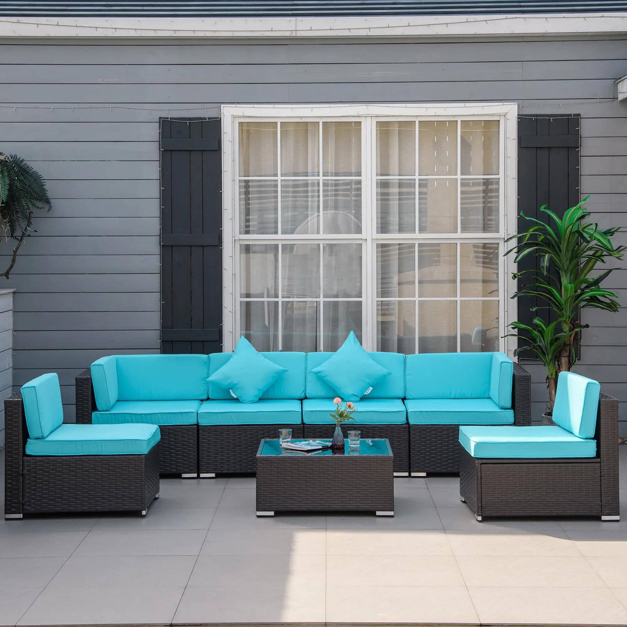 Left. Resenkos - Resenkos 7-Piece Rattan Sectional Set, Outdoor Sectional Furniture, PE Rattan, Turquoise - Turquoise.