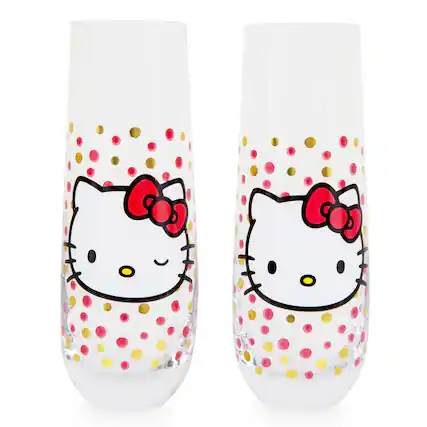 Front. Silver Buffalo - Hello Kitty Polka Dot Portrait 9-Ounce Stemless Fluted Glassware | Set of 2 - Pink.