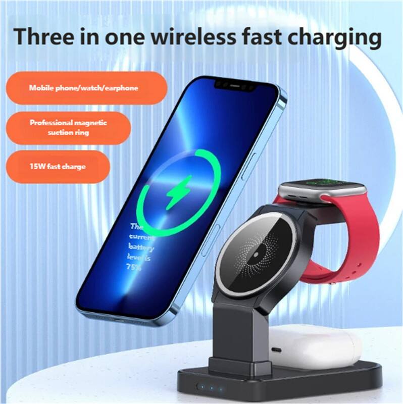 Three in one wireless fast charging  
Mobile phone/watch/earphone  
Professional magnetic suction ring  
15W fast charge  
The current battery level is 75%