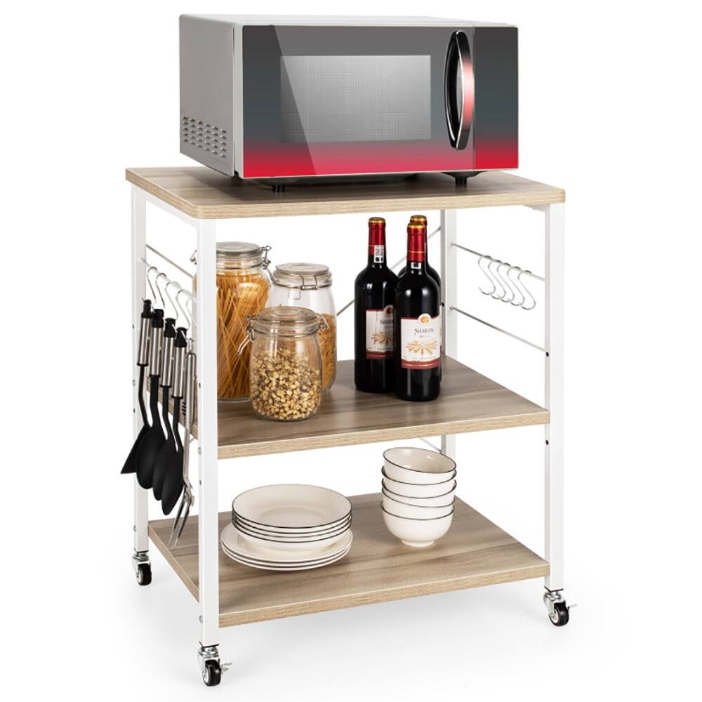 Alt View 4. Kadyn - 3-Tier Kitchen Baker's Rack Microwave Oven Storage Cart with Hooks-Light Brown, Storage Rack Microwave Oven Stand - Brown.