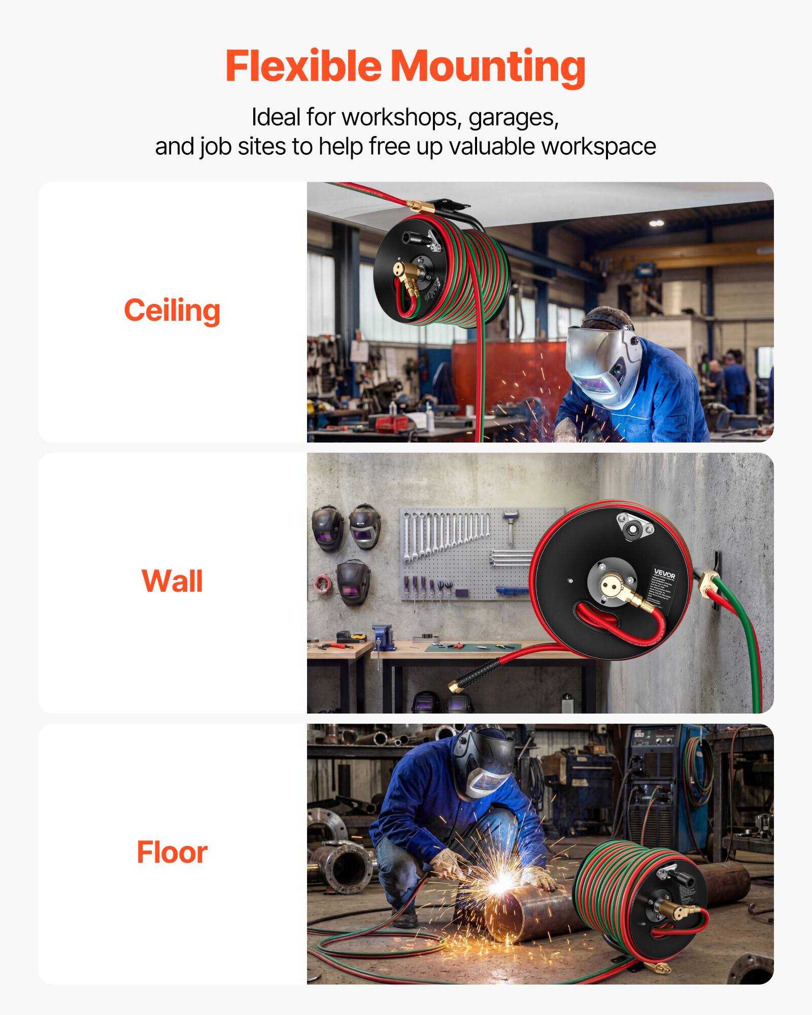 Flexible Mounting  
Ideal for workshops, garages, and job sites to help free up valuable workspace  

Ceiling  
Wall  
Floor
