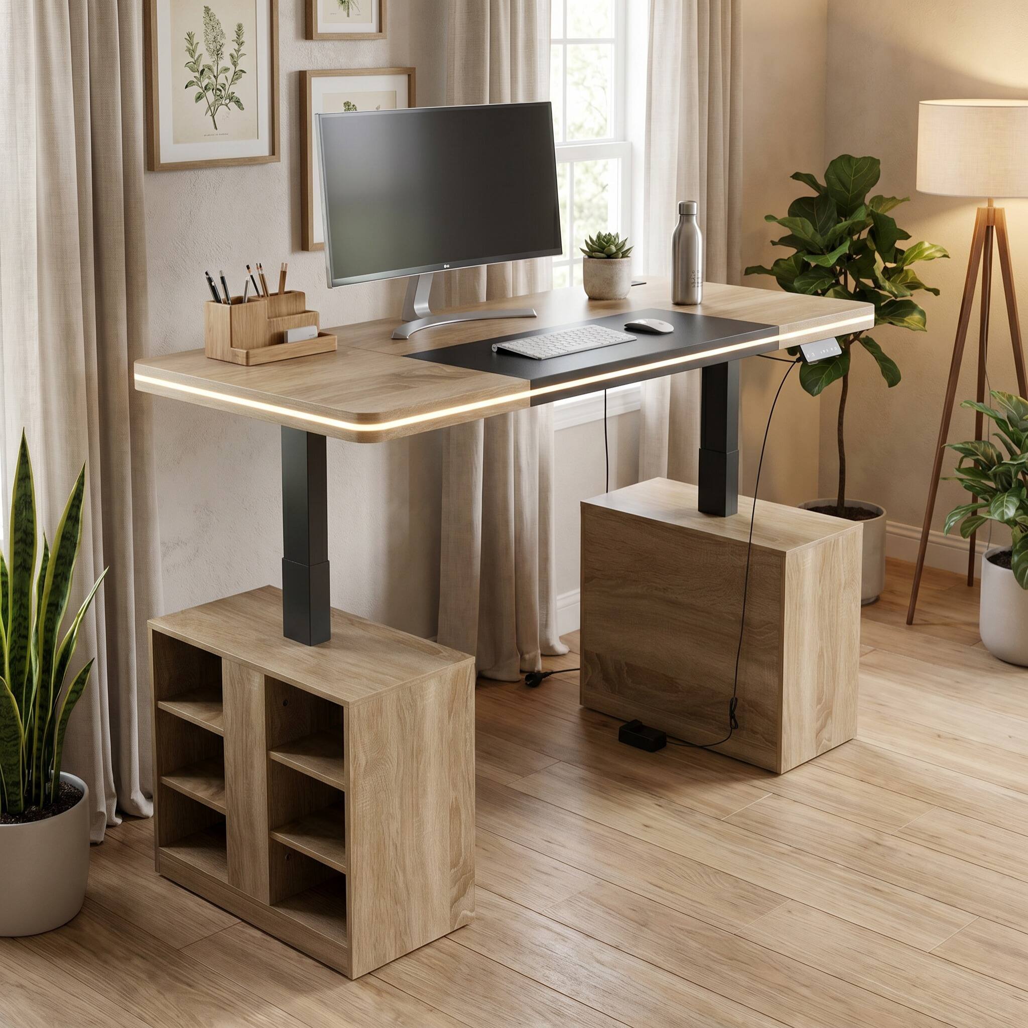 Alt View 1. Famapy - Electric Height Adjustable Desk with RGB Light & Dual Storage –Swappable Cabinets,2AC+3USB Outlet,Sit Stand Workstation - Wooden.