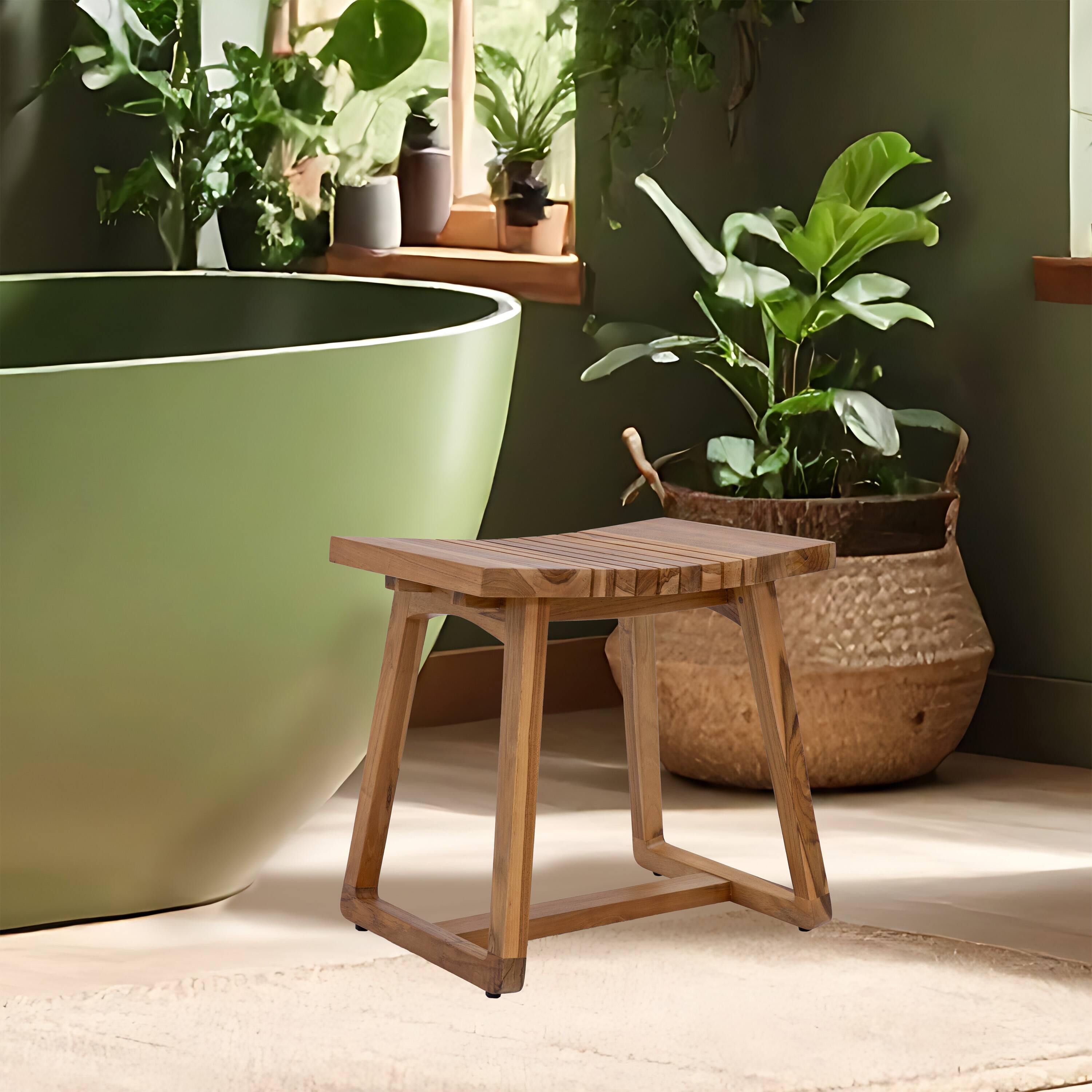 Alt View 8. Sunnydaze - 19" Teak Shower Bench Seat with Ergonomic Curved Design - Brown.