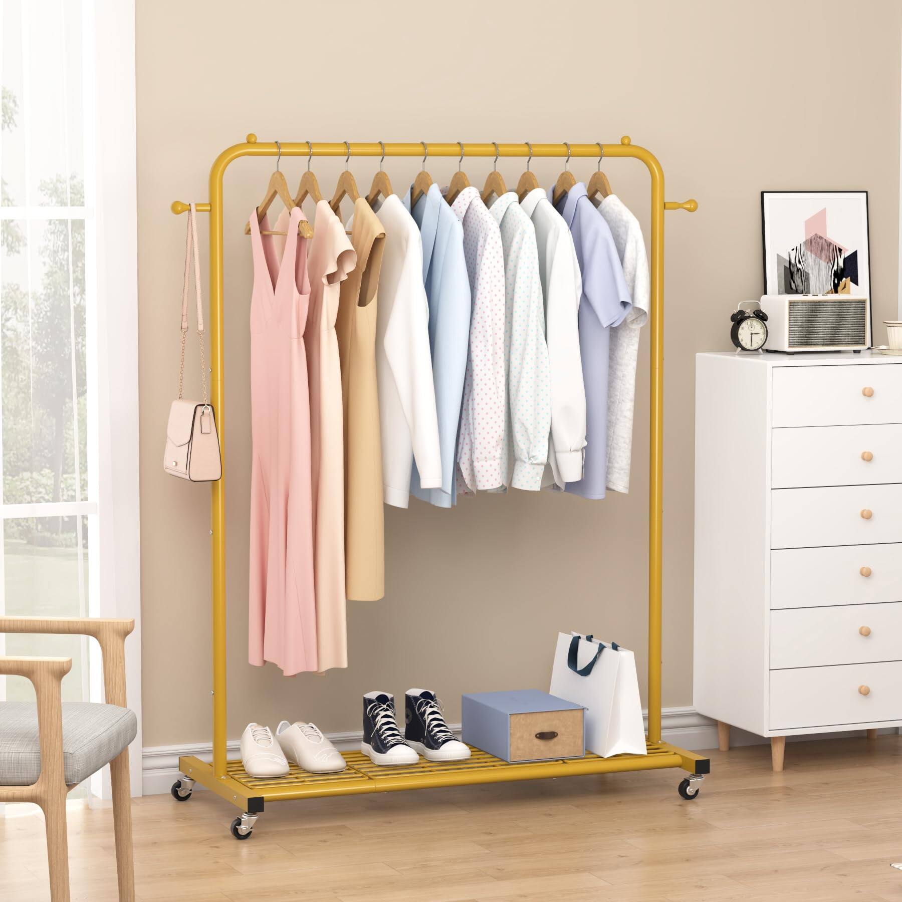 Alt View 3. ThinkLink Electronic - Clothes Rack On Wheels Clothing With Bottom Mesh Storage Shelf Sturdy Metal Frame Rolling Garment For Hanging - White.