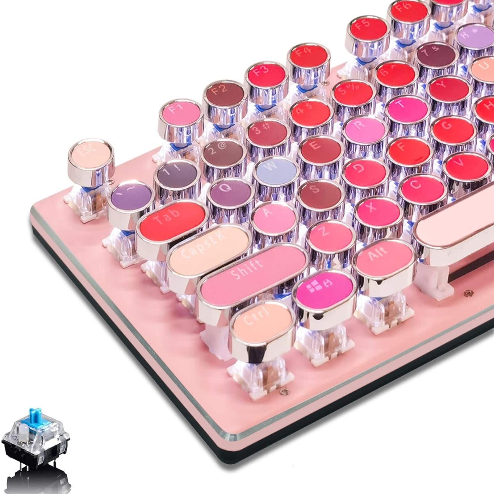 TECH SAFARI - Typewriter Style With White Led Backlight Vintage Mechanical Gaming Keyboards Lipstick Round Keycaps Blue S - Pink