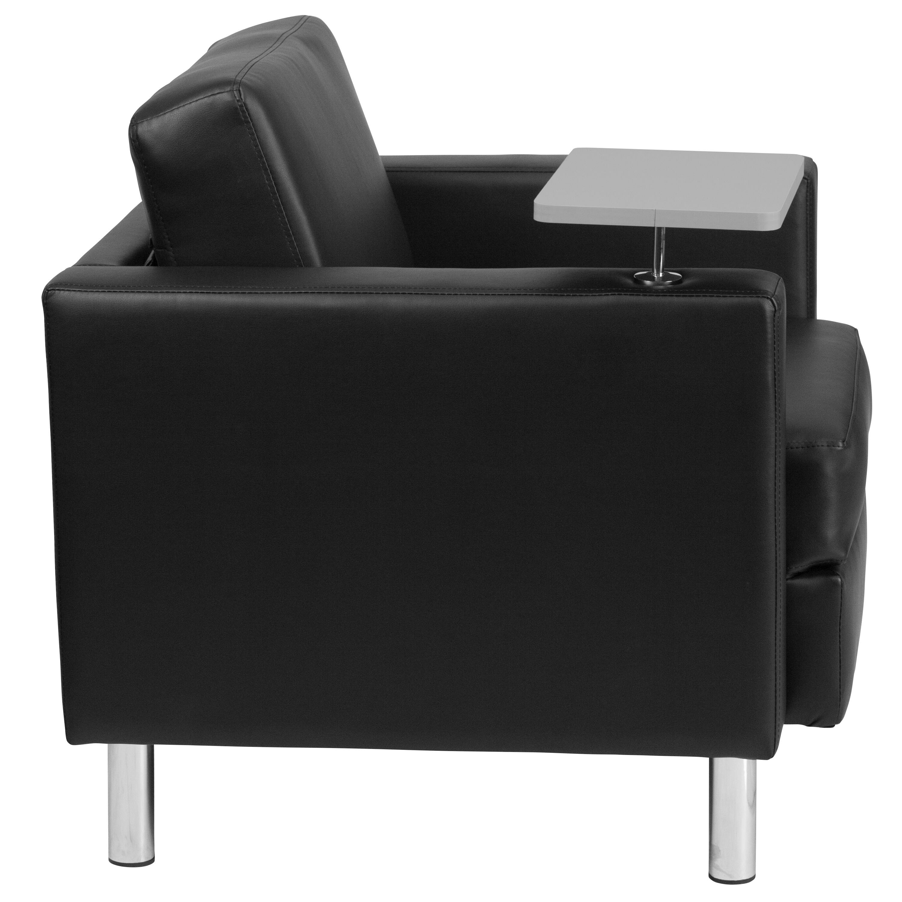 Alt View 6. Emma + Oliver - Guest Chair with Tablet Arm, Tall Chrome Legs and Cup Holder - Black LeatherSoft.