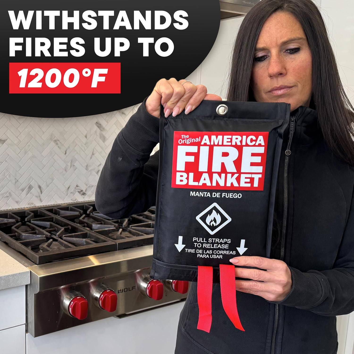 WITHSTANDS FIRES UP TO 1200°F

The Original AMERICA FIRE BLANKET  
MANTA DE FUEGO

PULL STRAPS TO RELEASE  
TIRE DE LAS CORREAS PARA USAR