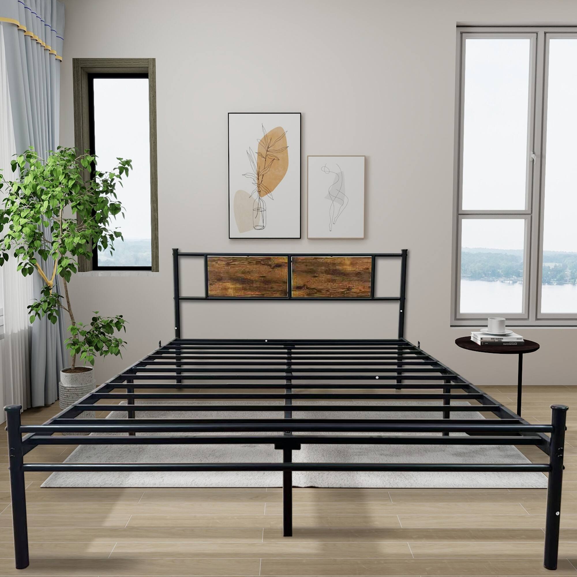 Angle. GOODSILO - Full Size Metal Bed Frame with Wooden Headboard - Sturdy and Stylish Design for Modern Bedrooms - Black.