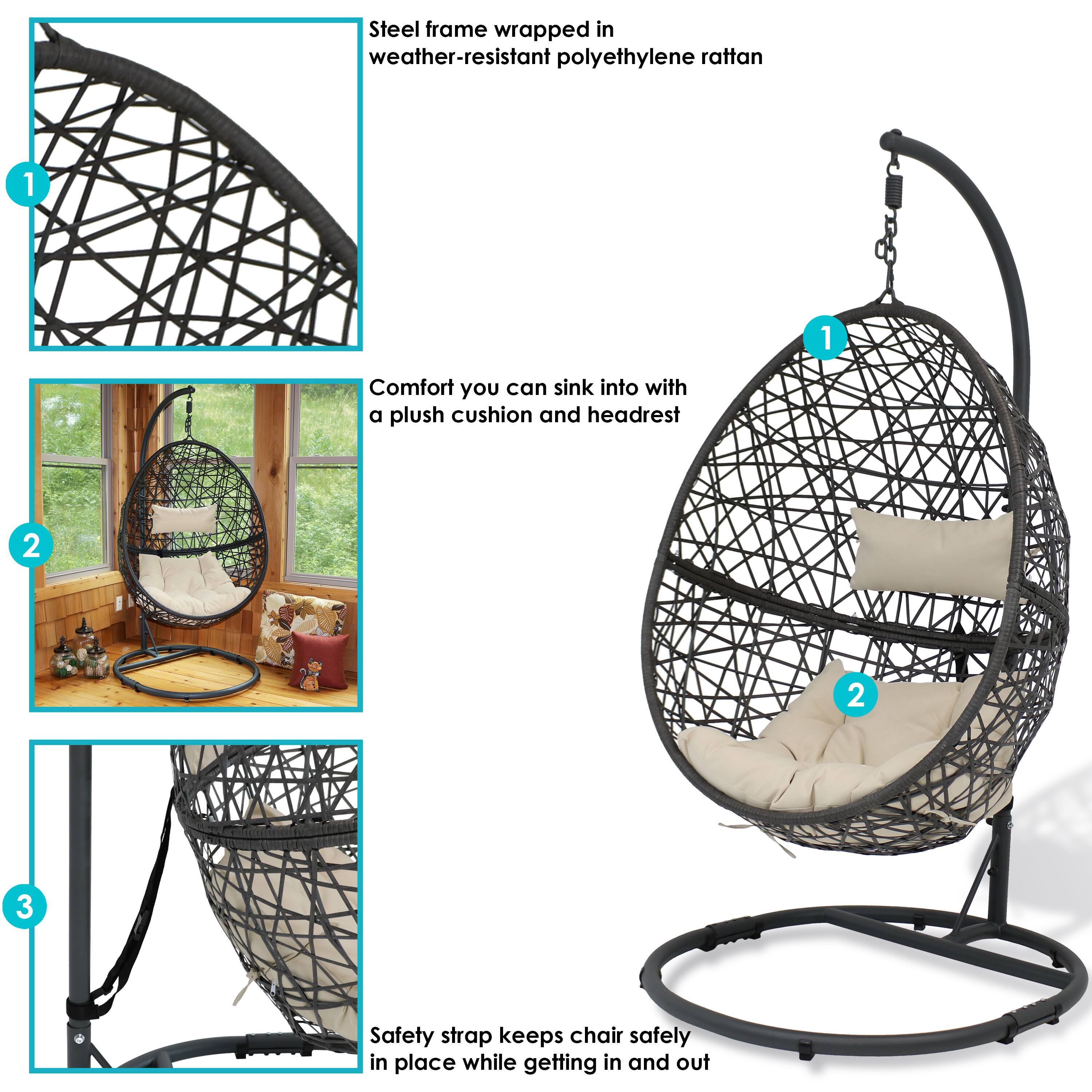 1. Steel frame wrapped in weather-resistant polyethylene rattan

2. Comfort you can sink into with a plush cushion and headrest

3. Safety strap keeps chair safely in place while getting in and out